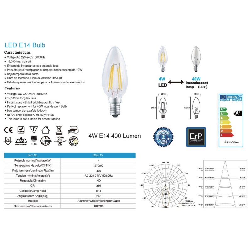 Comprar Bombilla Led E14 vela filamento 4w-2700ºk-460 lúm