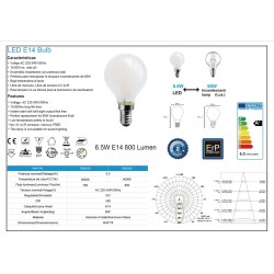 BOMBILLA LED E14 OPAL ESFERICA 6.5W 3000K 790Lm 360º